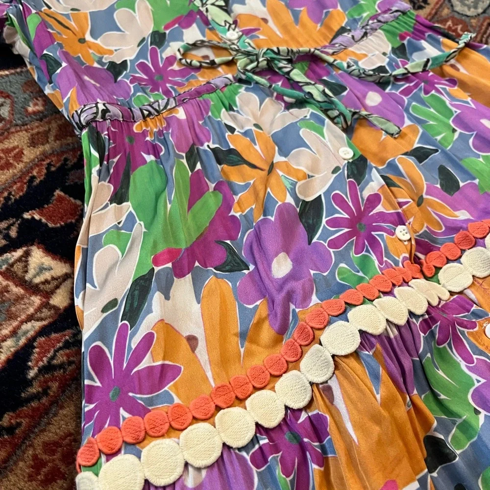 CeliaB Aneeta Dress purple floral midi trim vibrant button down shirt dress S - Picture 3 of 12